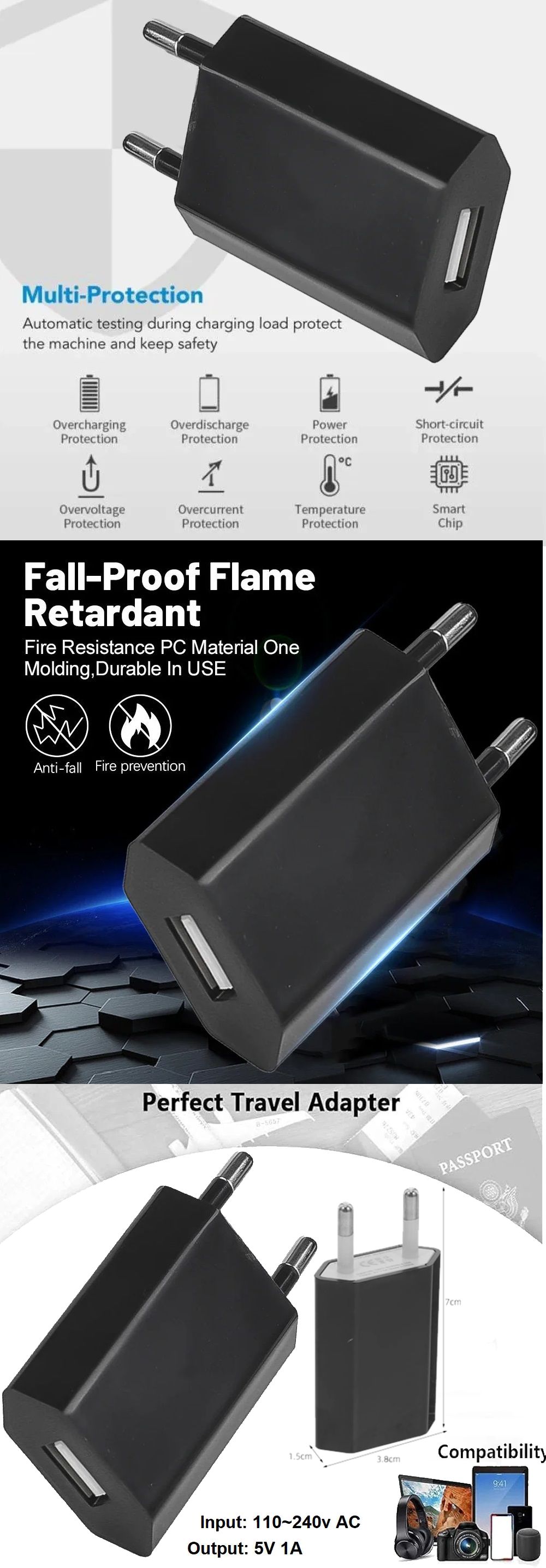 Cargador enchufe USB para Litio Portable 5v1A Negro